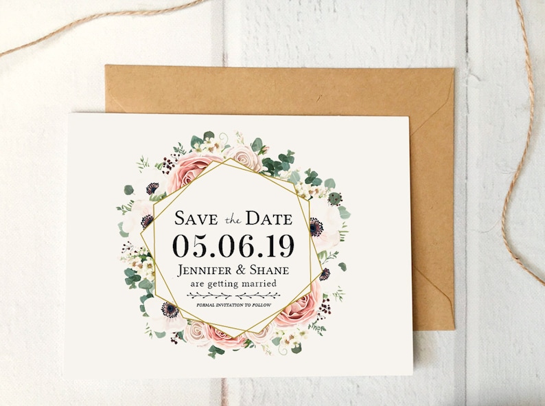 Rustic Save-the-Date Card Floral Save the Date Cards Printed Card with Envelopes Pink and Gold Geometric Engagement Announcement