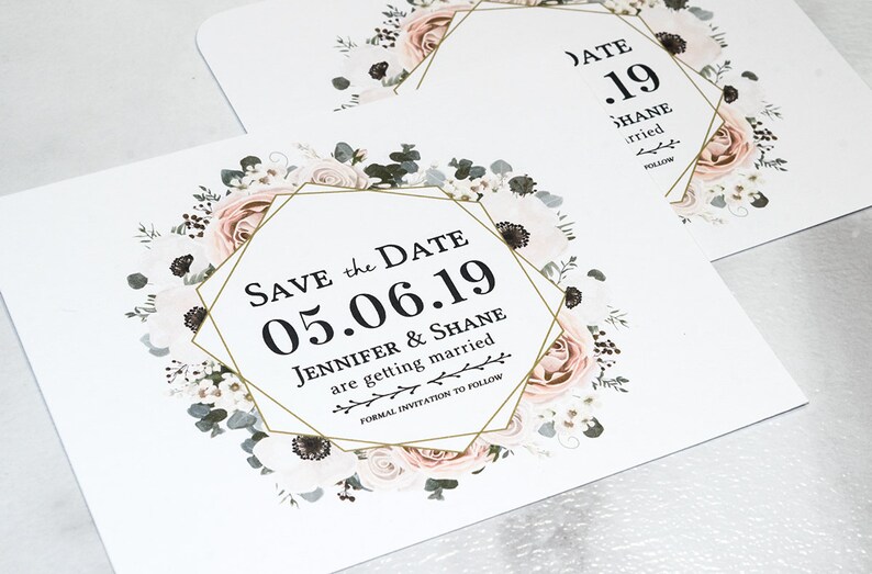 Rustic Save-the-Date Card Floral Save the Date Cards Printed Card with Envelopes Pink and Gold Geometric Engagement Announcement