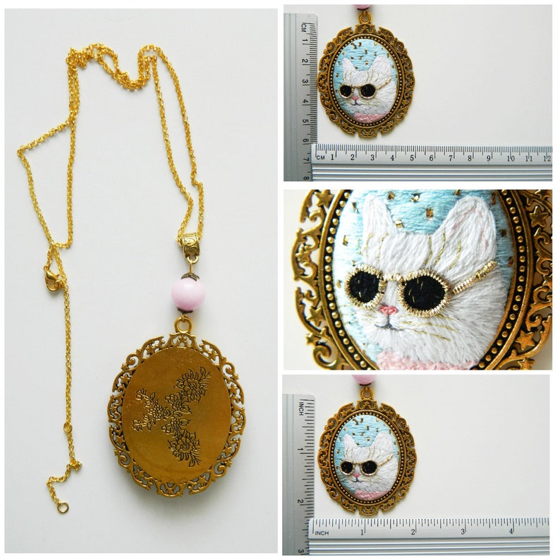 pendant cat with sunglasses embroidery jewelry kitty embroidery necklace glam cat pendant first anniversary gift for her white cat jewelry