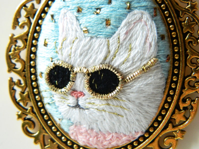 pendant cat with sunglasses embroidery jewelry kitty embroidery necklace glam cat pendant first anniversary gift for her white cat jewelry
