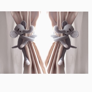 Fermatende a forma di elefante - Fermatende a forma di animale per la decorazione della cameretta dei bambini / Tende con animali all&#39;uncinetto, decorazioni per la cameretta dei bambini in stile safari