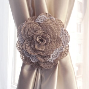 Natural burlap Flower curtain tie backs room decor ,  Unique curtain tie backs - Burlap Rustic Flower curtain tie backs