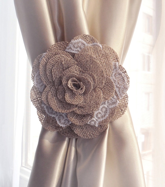 Shabby Chic Curtains2pcs Curtain Tie Back Burlap Flower Etsy