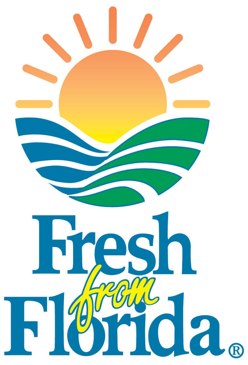 May include: A logo for Fresh from Florida, featuring a stylized sun rising over a green and blue wave. The text "Fresh from Florida" is written in blue and yellow letters.