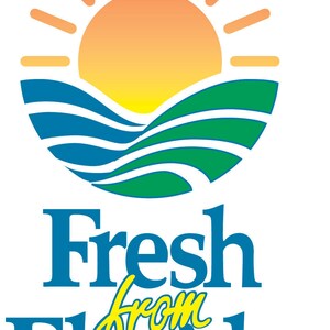 Puede incluir: Un logotipo para Fresh from Florida, que presenta un sol estilizado que sale sobre una ola verde y azul. El texto "Fresh from Florida" est&aacute; escrito en letras azules y amarillas.