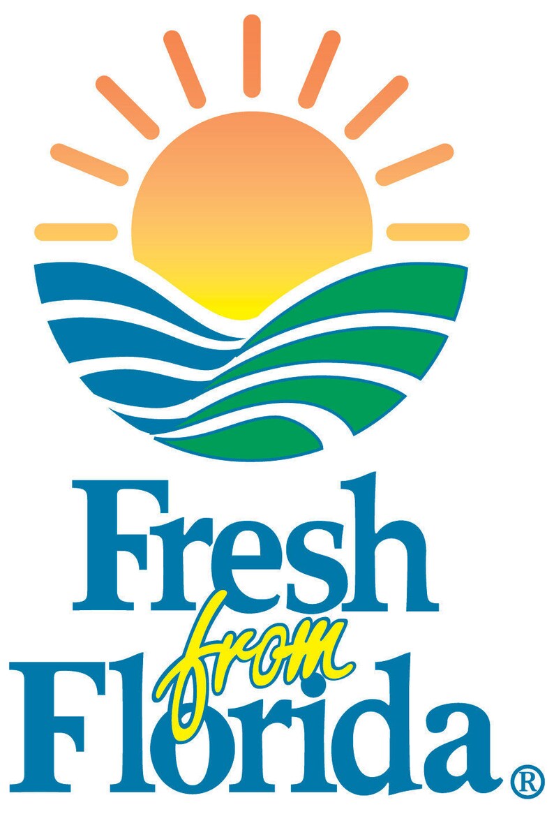 Puede incluir: Un logotipo para Fresh from Florida, que presenta un sol estilizado que sale sobre una ola verde y azul. El texto "Fresh from Florida" est&aacute; escrito en letras azules y amarillas.