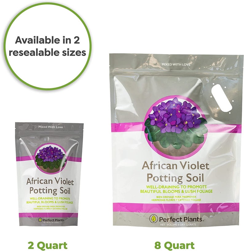 May include: Two bags of African Violet Potting Soil, one 2 quart bag and one 8 quart bag. Both bags feature a purple African Violet plant with green leaves and a pink and white label with the text "African Violet Potting Soil" and "Perfect Plants."