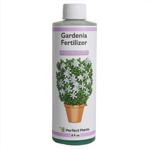 May include: A green bottle of Gardenia Fertilizer with a white label. The label says "Gardenia Fertilizer" and "Bloom Booster!" with a picture of a potted gardenia plant. The label also says "Perfect Plants" and "8 fl oz".