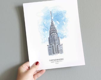 Chrysler Building Watercolor Printable - 8"x10" - INSTANT DOWNLOAD