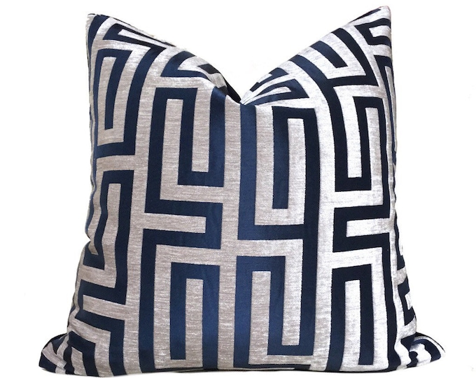 Designer Greek Key Geometric Navy Blue Taupe Beige Velvet Pillow Cover