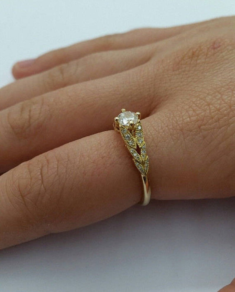 Leaf Engagement Ring 14k Rose Gold Ring Diamond Ring Leaves | Etsy