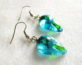 Sky blue and green Murano glass earrings, Fused glass jewels, Unique gift for woman and girl, Nickel free drop earrings