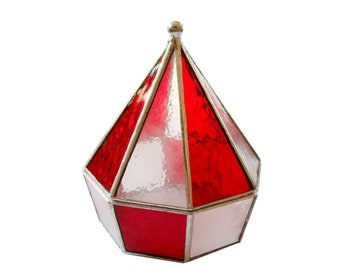Octagonal glass box - Tiffany technique, Red and ice white glass container, Unique gift for decorating the house