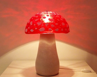 Amanita table lamp, Red Murano glass and ceramics, Mushroom shaped lamp, Unique piece made in Italy