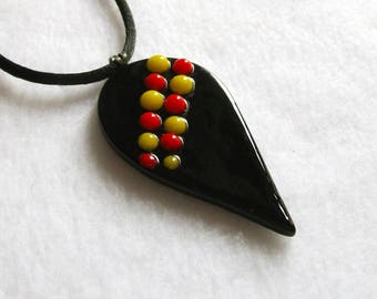 Murano glass pendant with necklace, Unique gift for woman, Black glass jewel with red and yellow dots, Nickel free