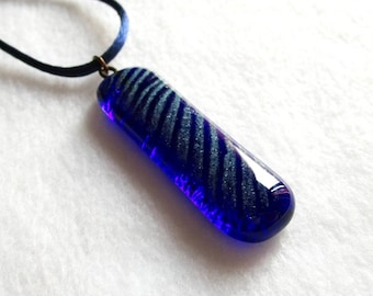 Rectangular Murano glass pendant with necklace, Unique gift for woman, Blue fused glass jewel with shaded stripes, nickel-free