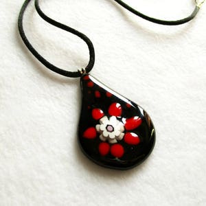 Murano glass pendant with necklace, Unique gift for woman, Black glass jewel with red drops and flower
