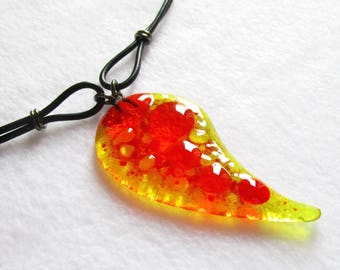 Murano glass pendant with necklace, Unique gift for woman or girl, yellow fused glass jewel with orange and red drops, nickel-free