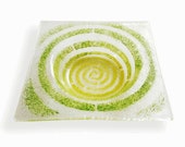 Clear Murano glass small bowl, Fused glass ashtray with yellow green decor Spiral series, Square saucer, Hand-decorated empty pocket