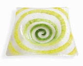 Clear Murano glass small bowl, Fused glass ashtray with large yellow green decor Spiral series, Square saucer, Hand-decorated empty pocket