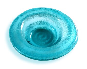 ky-blue Murano glass favour, Fused glass bowl – Spiral series, Small round cup with blue decor, wedding or baptism memento, Guests gift