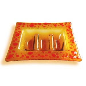 Amber and orange Murano glass soap case - Lapilli series, Melted glass saucer for soap, Unique gift made in Italy