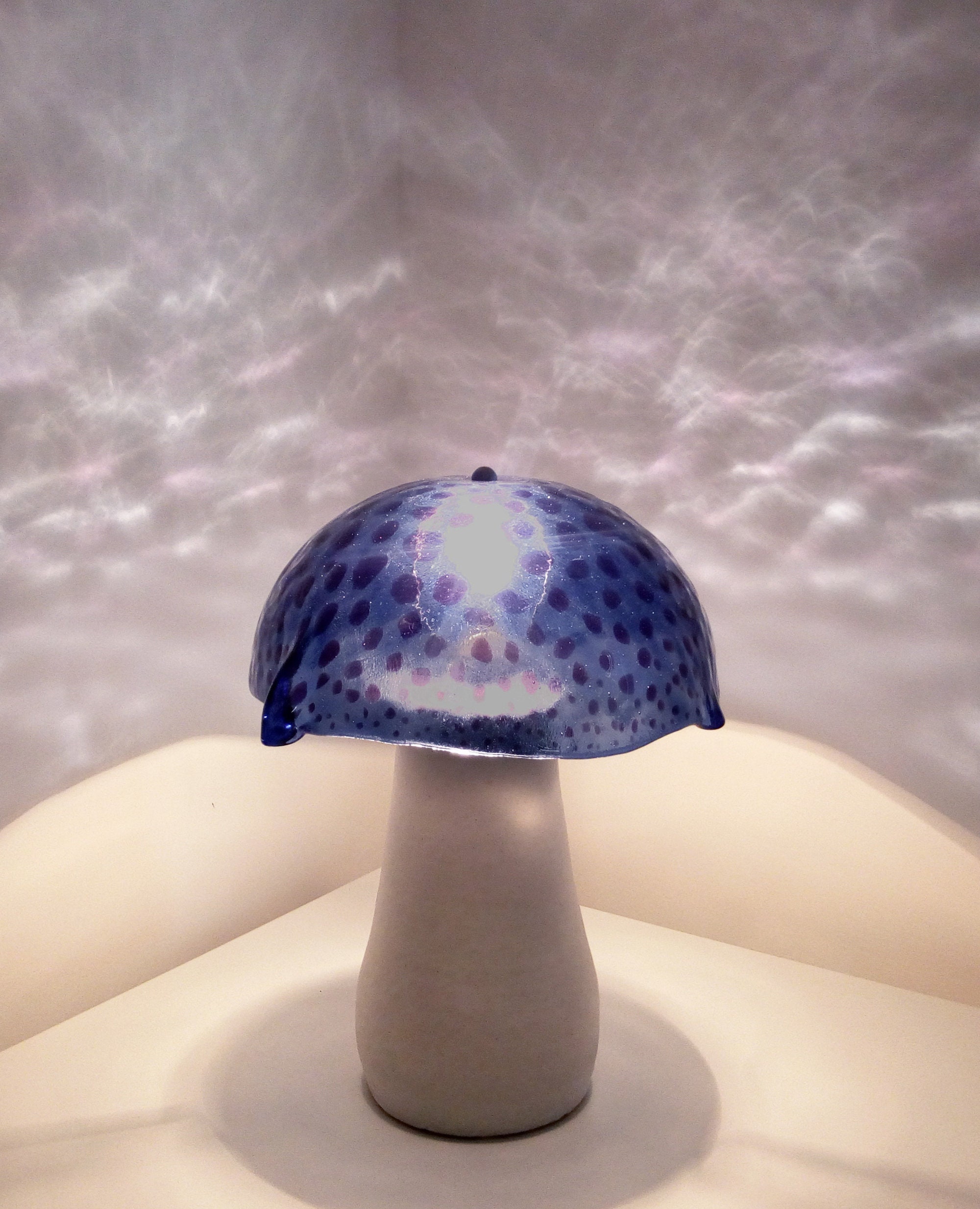 Lampe Fungo en Verre et Céramique de Murano, Lampe Table, Abat-Jour, Verre Fondu Bleu Clair Violet, 