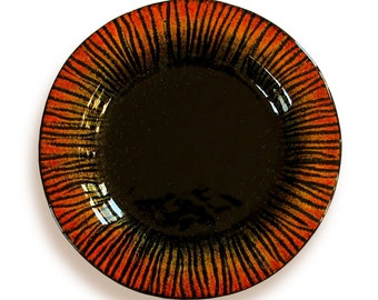 Black Murano Glass Coaster – Striae Series, Fused glass round dish with shades stripes, Small plate for glass, Artistic glass tableware