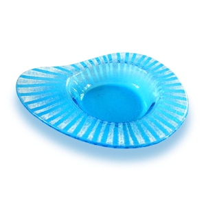 Sky blue Murano glass gravy boat with white stripes, Drop-shaped fused glass sauce boat, small bowl for appetizer