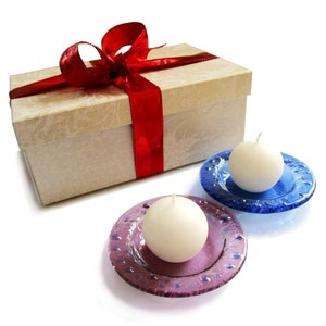 Gift box: Murano glass candle-holder with spherical candles, Elegant box with gift bow, Fused glass saucer, Romantic light for table/bath image 1