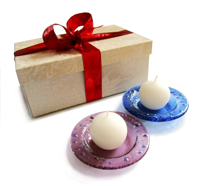 Gift box: Murano glass candle-holder with spherical candles, Elegant box with gift bow, Fused glass saucer, Romantic light for table/bath image 1