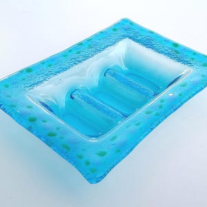 Murano glass soap dish in light blue, green and bluette - Lapilli series, Bathroom decor gift, Fused glass saucer for soap