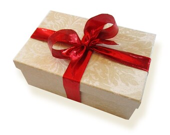 Gift box with floral pattern and red bow, Elegant box with lid and ribbon, Gift package, Beige thick cardboard