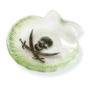 Clear Murano Glass shell, Fused glass bowl - Jolly Roger, Small pirate seashell with green stripes, black skull and swords