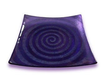 Amethyst violet Murano glass square serving plate – Spiral Series, Fused glass dish with lilac pattern, Stained glass, Tray or centerpiece