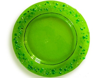 Green Murano Glass dessert plate – Lapilli Series, Round fused glass dish with green and blue drops,  Small plate for fruit or sweet cakes