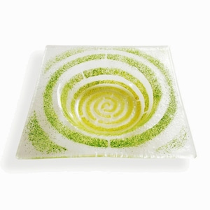 Clear Murano glass small bowl, Fused glass ashtray with yellow & green decor – Spiral series, Square saucer, Hand-decorated empty pocket