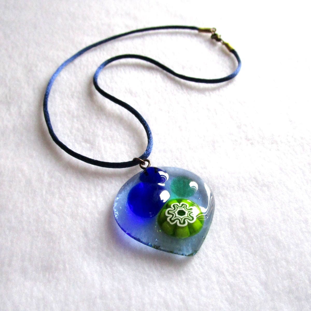 Collier Pendentif Verre Façon Murano - Forme Allongée, Blanc/bleu/vert/doré, Mi-long, Acier Inoxydable