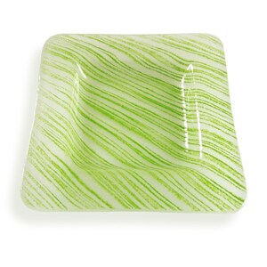 Opaline white Murano Glass saucer, Fused glass square plate - Striae Series, Small dish with green stripes, Unique gift, Glass ashtray