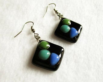 Black glass square earrings with blue and green geometric decoration, Fused glass jewels, Unique gift for woman and girl, Nickel free