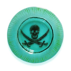 Sky blue Murano Glass Coaster, Fused glass round dish with jolly roger, Small plate for glass, Pirate skull and swords, Artistic tableware