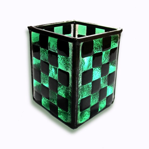 Portamatite in vetro di Murano verde e nero a scacchi, tanti altri colori, Vetro-fusione e Tiffany, Contenitore per penne, matite e pennelli