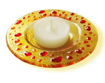 Yellow Murano glass candle-holder with red & orange drops, Fused glass saucer – Lapilli Series,  Romantic light for table and bath