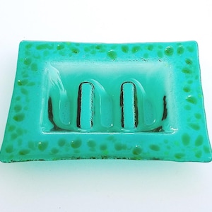 Aqua and Mint Green Murano Glass Soap Dish - Lapilli Series, Bathroom Decor Gift, Fused Glass Soap Dish