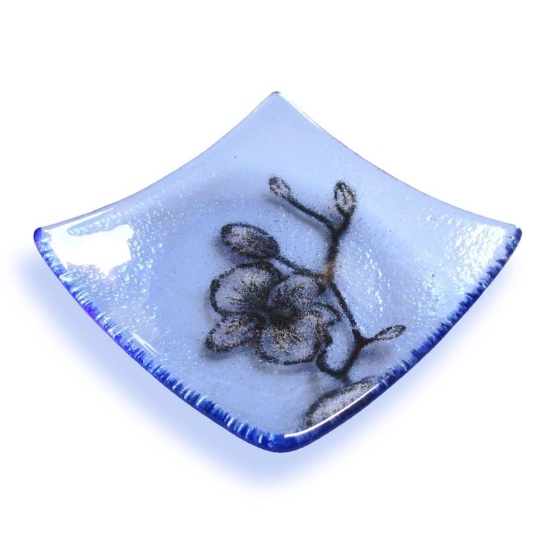 Blue Murano glass favour Fused glass saucer with floral image 1