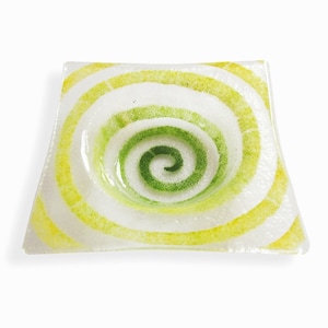Clear Murano glass small bowl, Fused glass ashtray with large yellow&green decor – Spiral series, Square saucer, Hand-decorated empty pocket