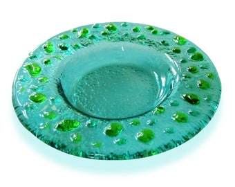 Aquamarine Murano glass candle-holder with green drops, Fused glass saucer – Lapilli Series,  Romantic light for table and bath