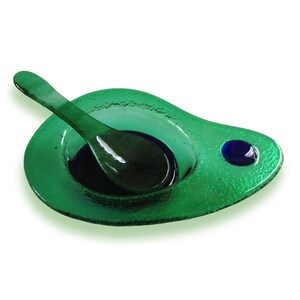 Blue and green Murano glass gravy boat with green spoon, Drop-shaped fused glass sauce boat, small bowl for appetizer With spoon