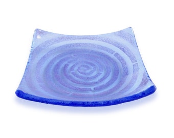 Blue Murano glass favour, Fused glass saucer with lilac decor –Spiral series, Small square plate, wedding/baptism memento, Marriage souvenir