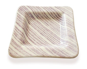 White Murano glass favor, Fused glass saucer with lilac stripes, Small square plate, wedding or baptism memento, Guests gift